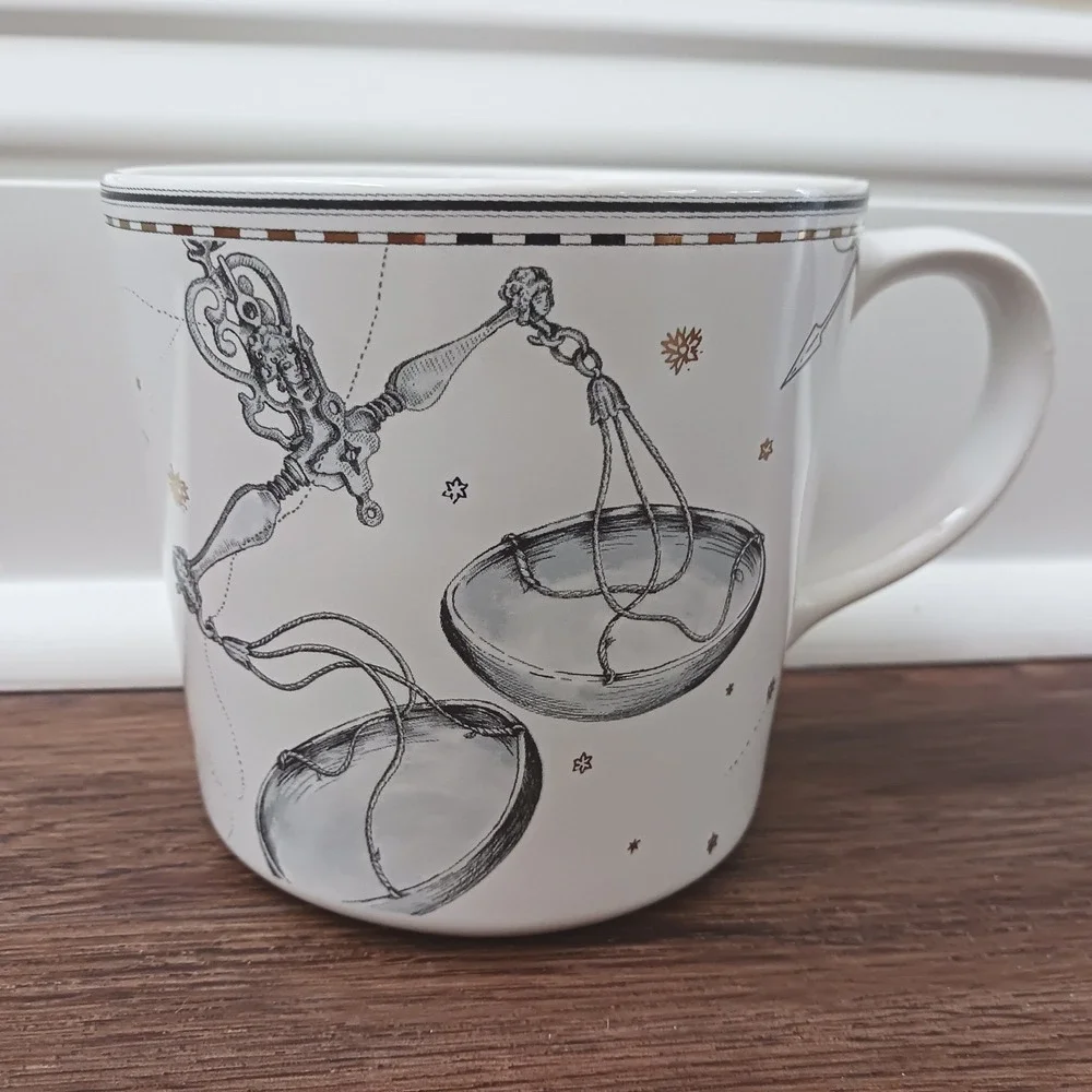 Williams Sonoma Libra Zodiac Coffee Mug White Gold Astrology Scales Owl Cup